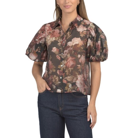 LUCKY & COCO Aubergine Floral Printed Puff Sleeve Blouse - Picture 1 of 2